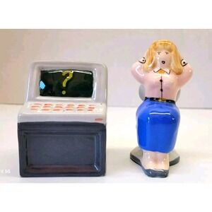 Vintage Rare Salt And Pepper Shakers Woman sitting‎ at 90s Style computer